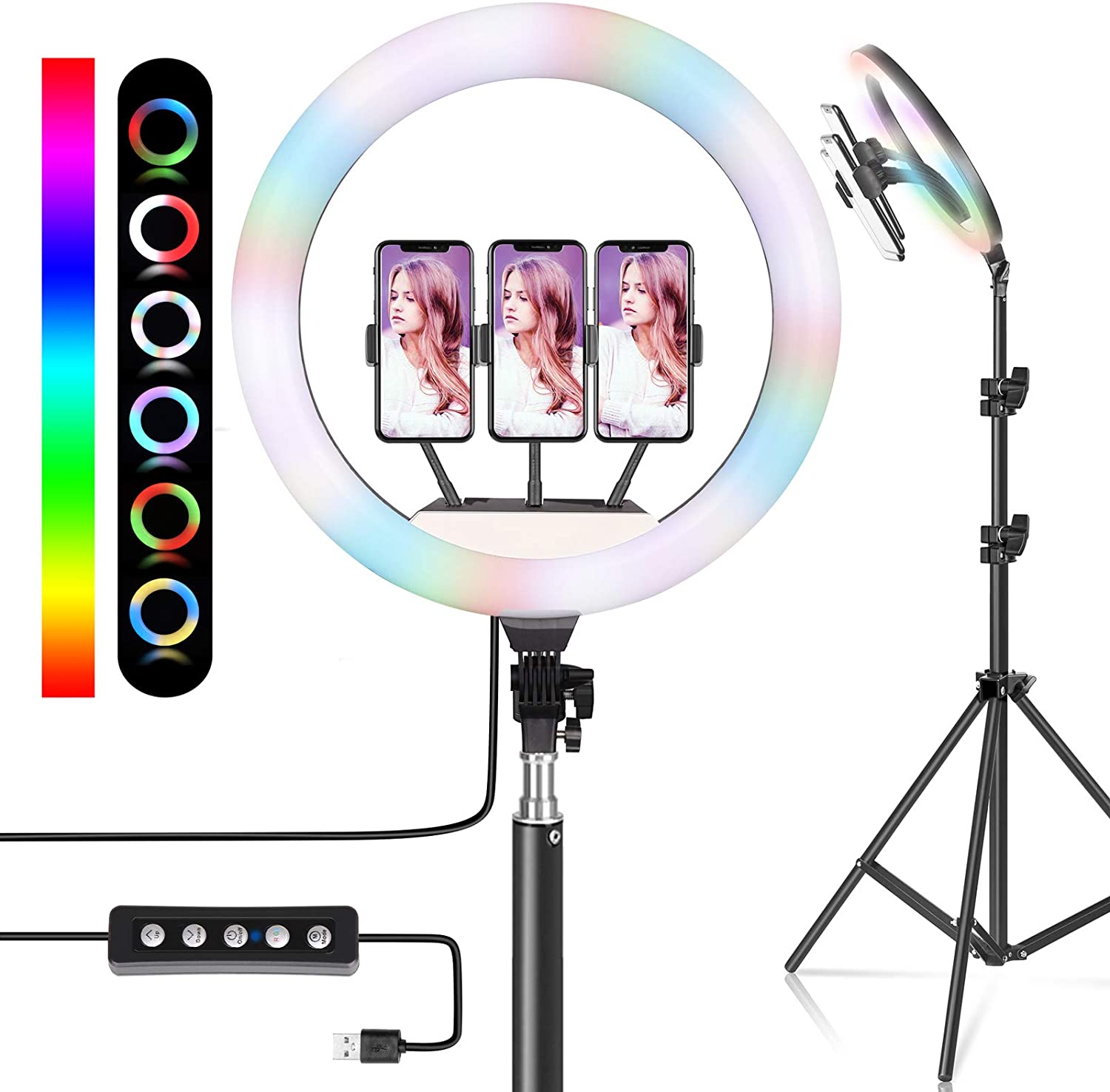 RING Light 14'' RGB with Tripod Stand and Phone Holder 18 RGB Colors Dimmable LED RING Light